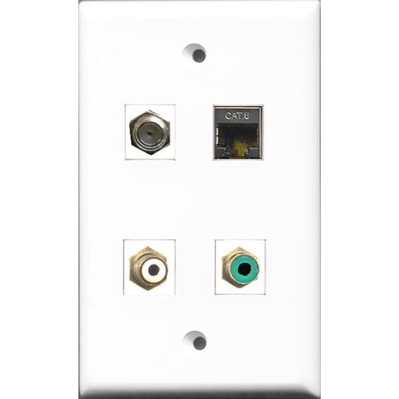 RiteAV 1 Port RCA White and 1 Port RCA Green and 1 Port Coax Cable TV- F-Type and 1 Port Shielded Cat6 Ethernet Wall Plate