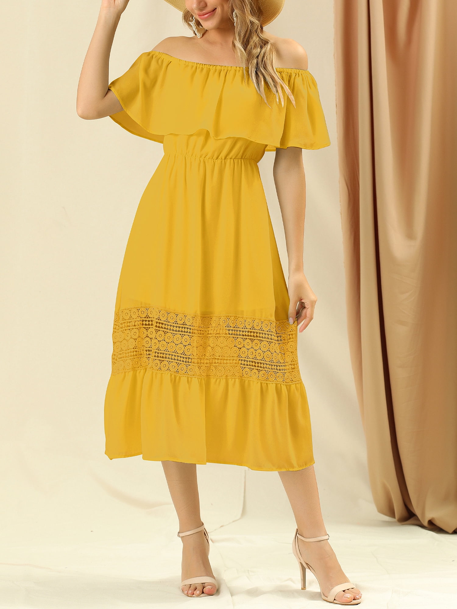 DARING DIVA Women's Off Shoulder Flutter Sleeve Maxi Dress 3XL Saffron Yellow