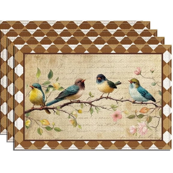4pcs Spring Bird Tree Flower Branch Placemats Table Mats Durable Washable Rustic Linen Vintage Placemats for Home Dinner Party Camping Wedding Table Decoration 12 x 18 Inch