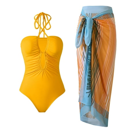 YanQiao One Piece Swimsuit Women with Matching Cover Ups Floral Bikini Dress Sets High Cut Push Up Two Pieces Bathing Suit XL Yellow