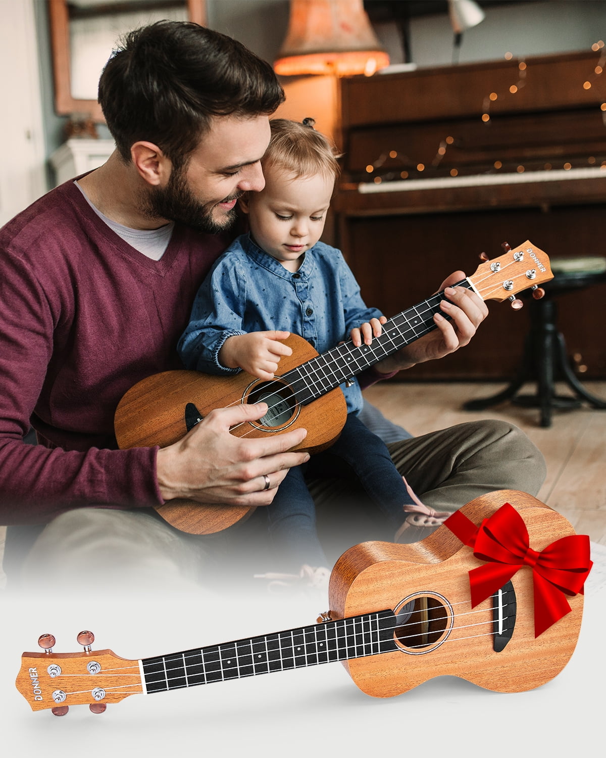 Donner Concert Ukulele for Beginners 23" Starter Bundle Kit with Gig Bag, Strap, Nylon String, Tuner, Picks, Cloth