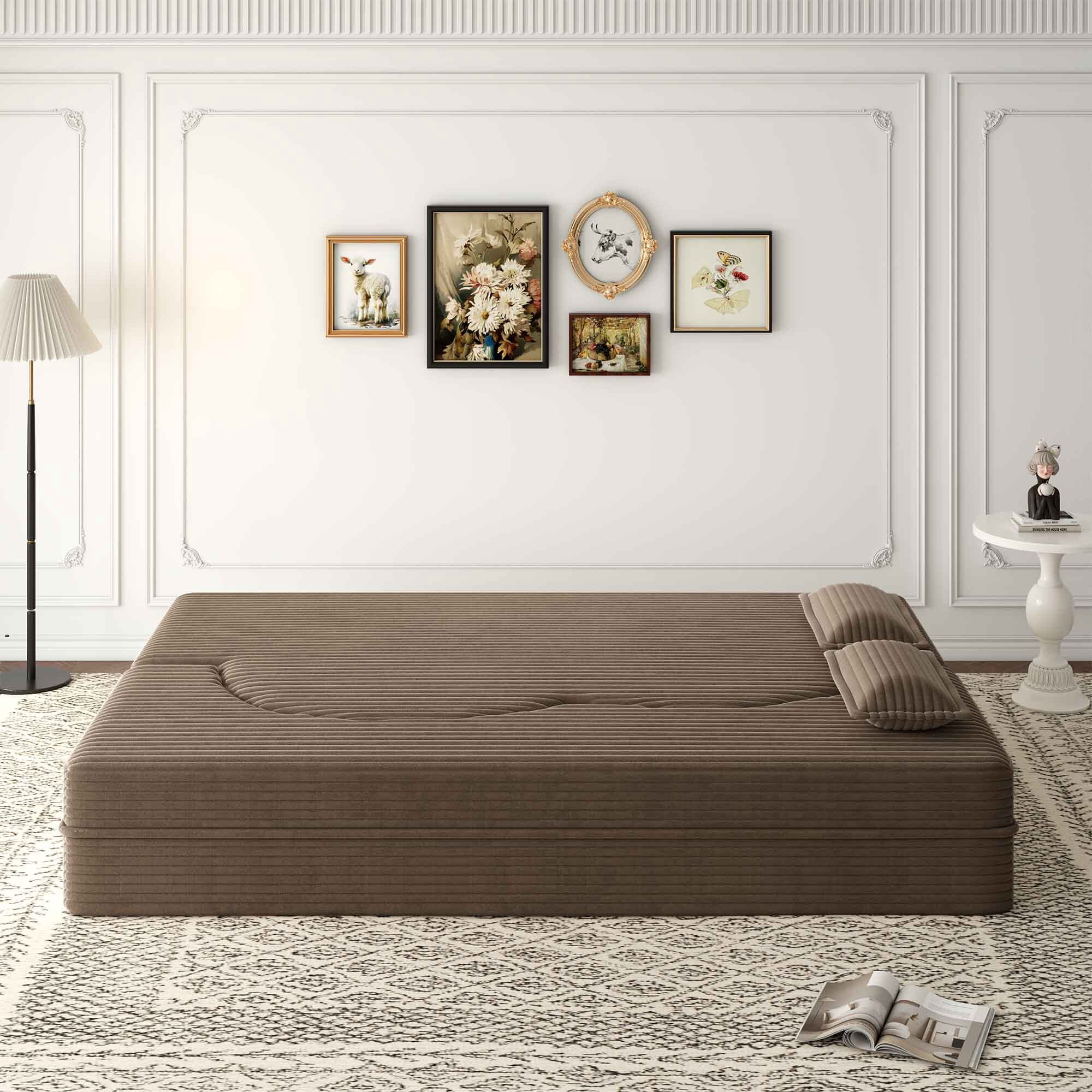 Lunale Full Size Convertible Sofa Bed, Boneless Cloud Couch, Folding Floor Sleeper Sofa for Living Room, Coffee Corduroy