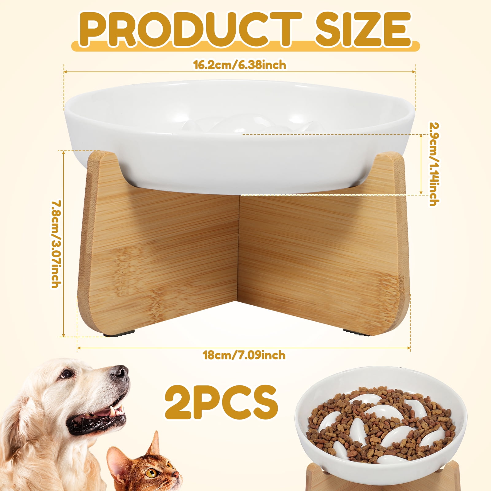 2Pcs Slow Feeder Cat Bowl with Wooden Stand Anti Vomiting and Non Slip Ceramic Raised Pet Food Bowl for Cat and Small Dog