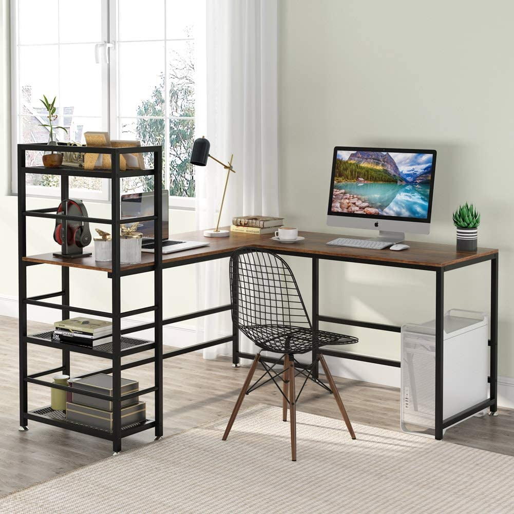 Tribesigns 59 Inch L Shaped Desk with Reversible Storage Bookshelf for