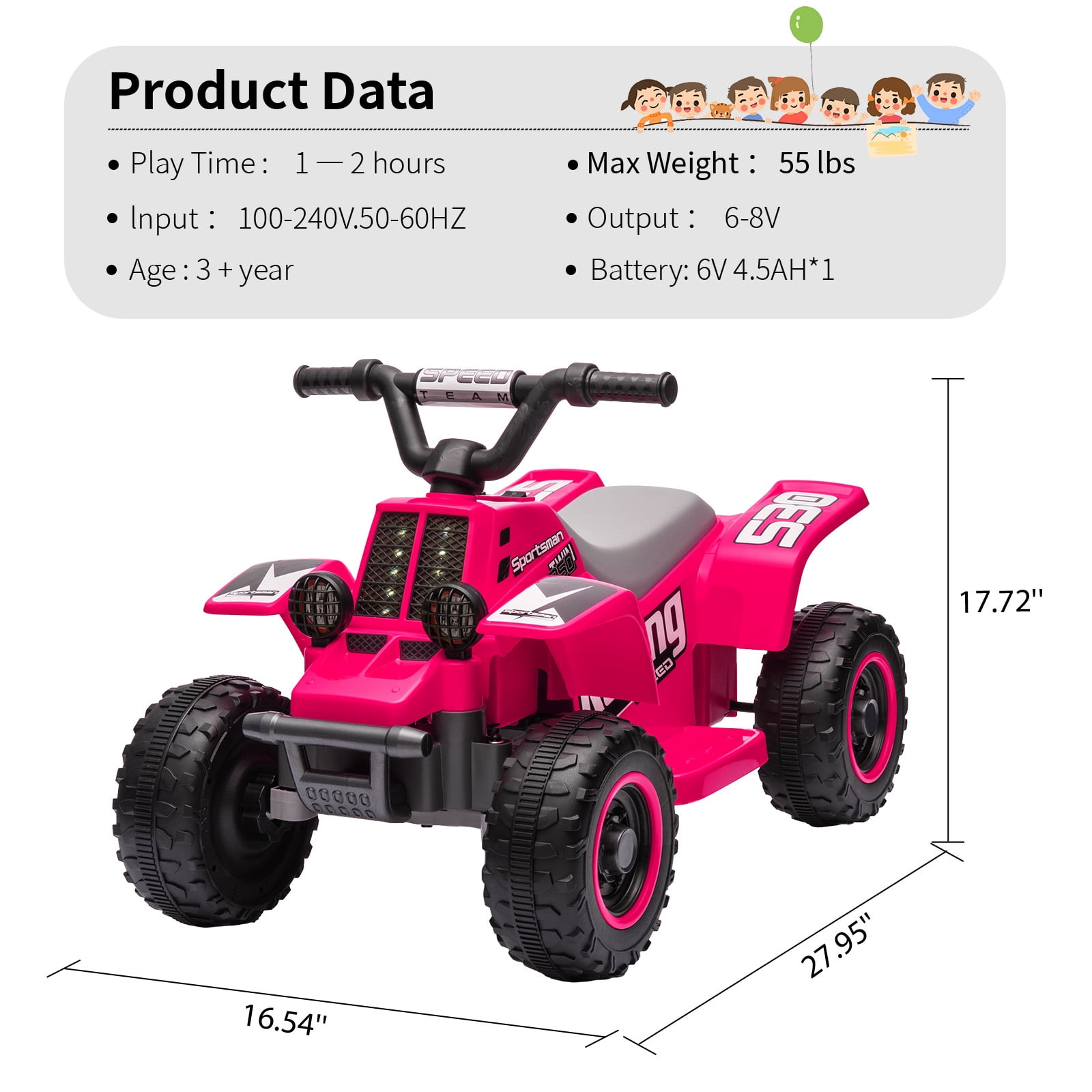 Telyswee 6V Kids Ride On Car, 4-Wheeler Quad ATV Play Car for Kids, 1.76MPH Max Speed, Ride On Toy for Boys & Girls Gift, Rubber Handles, Push-Button Accelerator