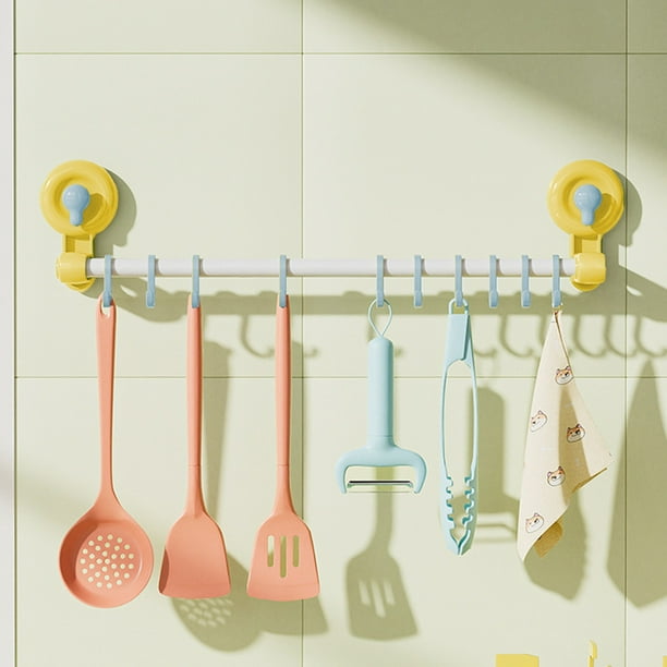 Toallero con Ventosa y 10 Ganchos, Organizador de Pared Sin Taladro para Cocina y Baño, Barra Ajustable para Colgar Toallas y Utensilios, Amarillo/Verde/Rosa