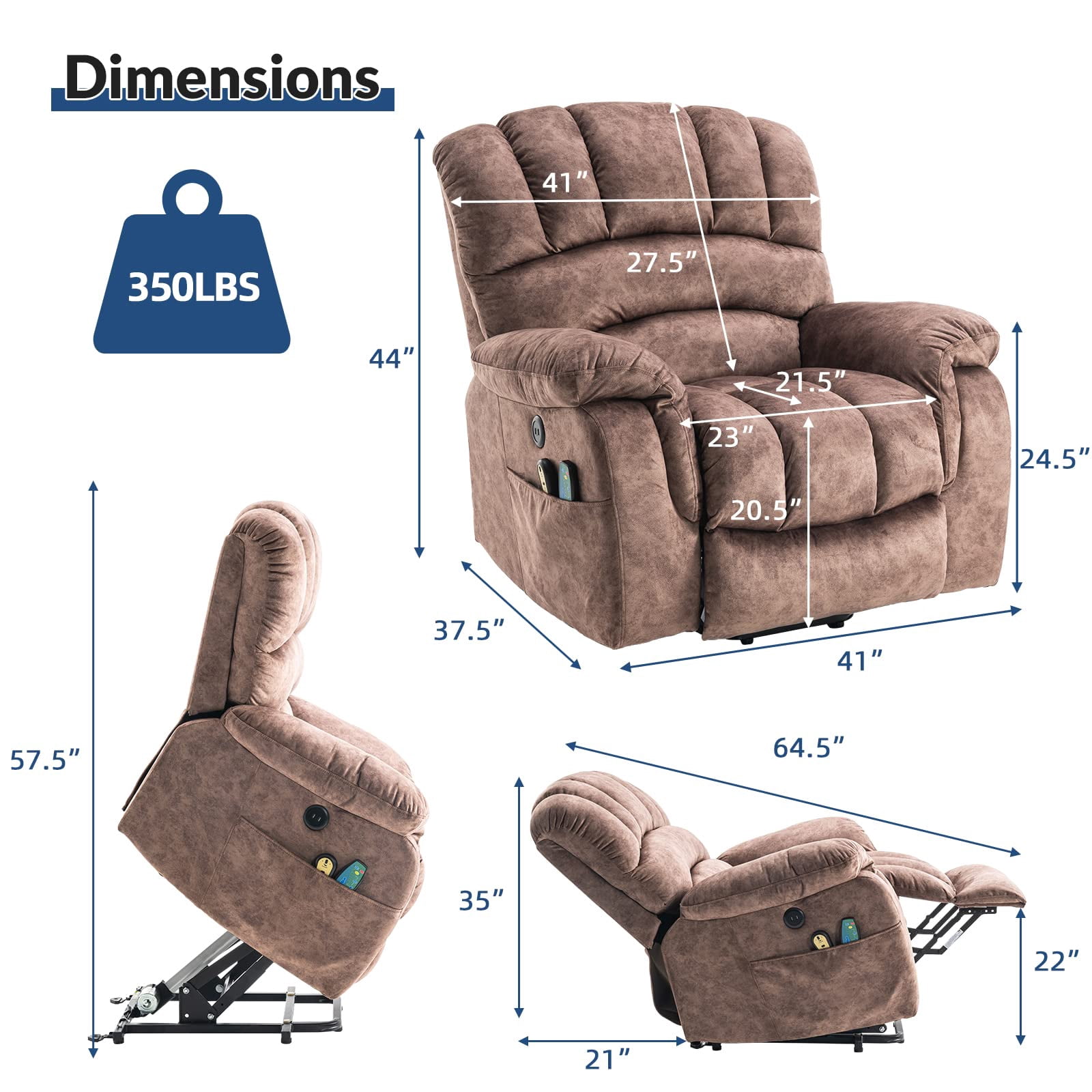 SOCIALCOMFY Large Power Electric Lift Recliner Chair for Elderly Big People, Heated Massage Motorized Reclining Sofa, Wide Soft Fabric Recliners with 2 Remote Controls, Side Pockets & USB Ports, Brown