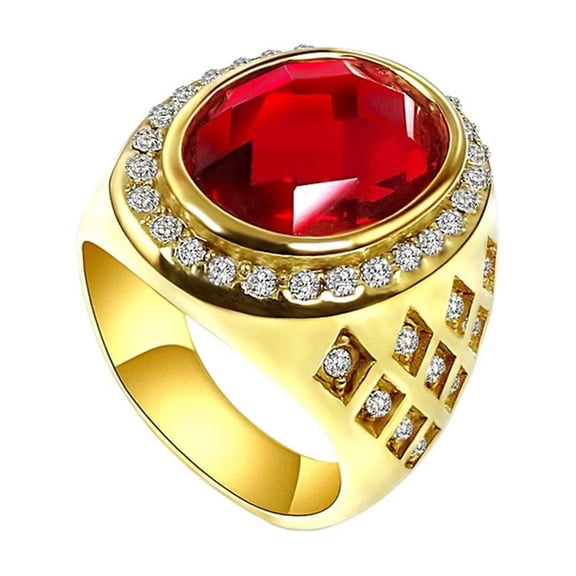 HIJONES Men's Women's Stainless Steel Round Red Gemstone Ring Geometric Engraving Classic Retro Hip Hop Rock Jewelry Size 8
