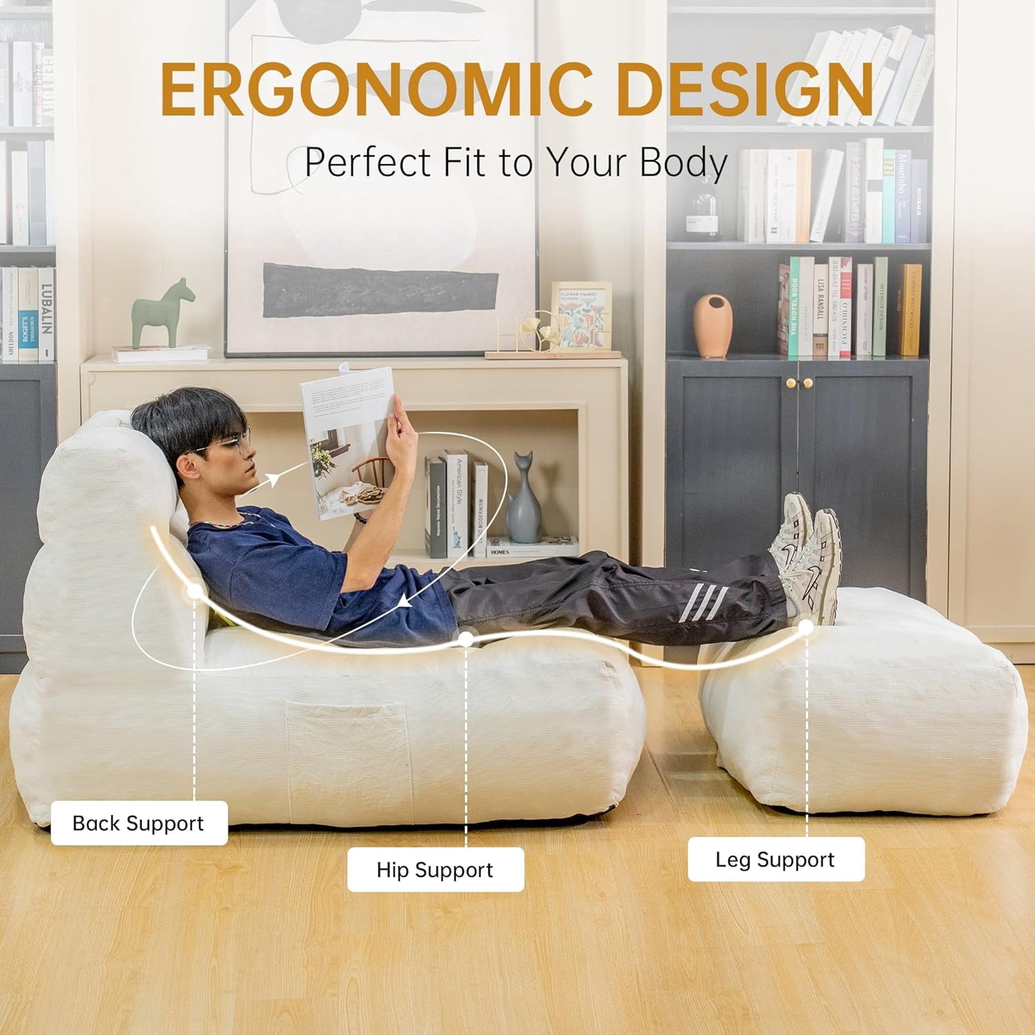 LinkRomat Giant Bean Bag Chair with Ottoman for Adults, Oversized Corduroy Memory Foam Beanbag Chair with Filler Included, Comfy Lounge & Gaming Chair for Living Room and Bedroom