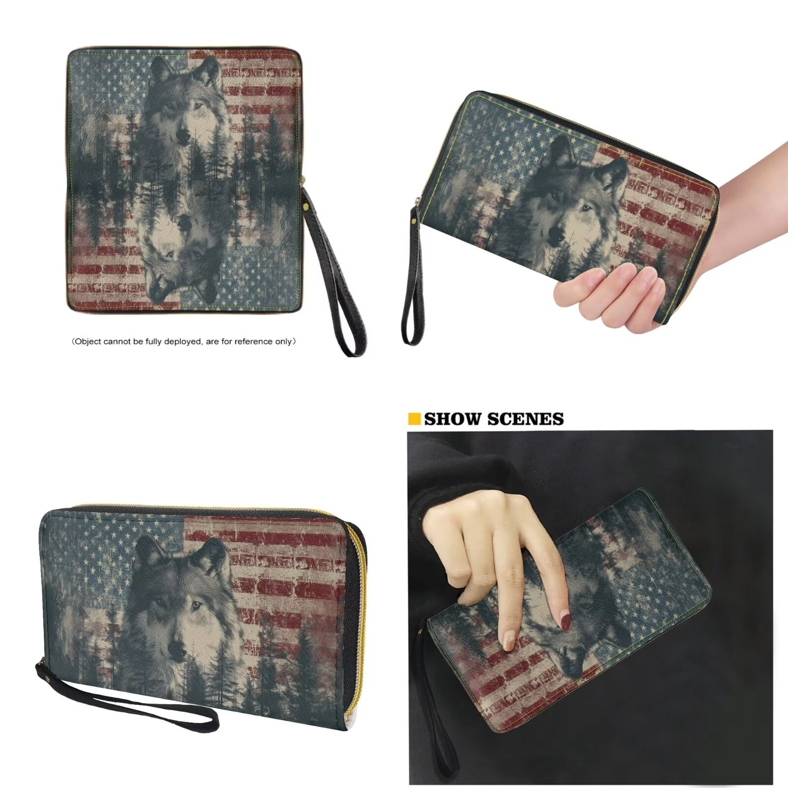 TSOVTHRID American Flag Wolf Forest Print Tote Bag Handbag with Wallet Set Hobo Shoulder Bag for Women Ladies 2 Pcs Leather Top Handle Handbag Purse with Matching Wallet