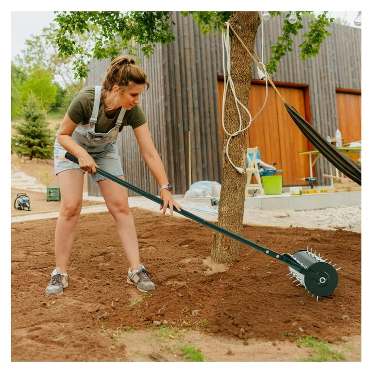 YUNTIE 18 Manual Lawn Aerator Heavy Duty Rolling Aerator Lawn Tool Filled Sand Stone with 51 Detachable Handle Tine Spikes for Soil Loosening Push Grass Aeration for Garden Yard Walmart