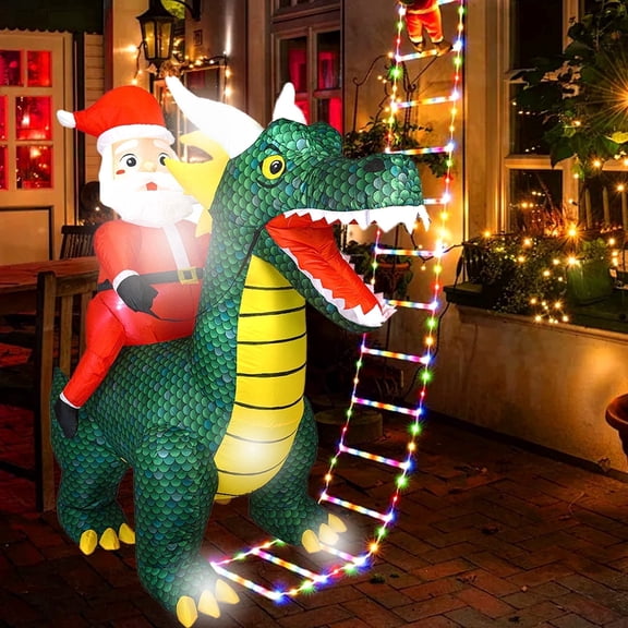 KINQUINN 6 ft Christmas Inflatable Santa Ride-on Dinosaur Decor with LED Lights, blow-up Yard Ornament for Patio Lawn Xmas Party