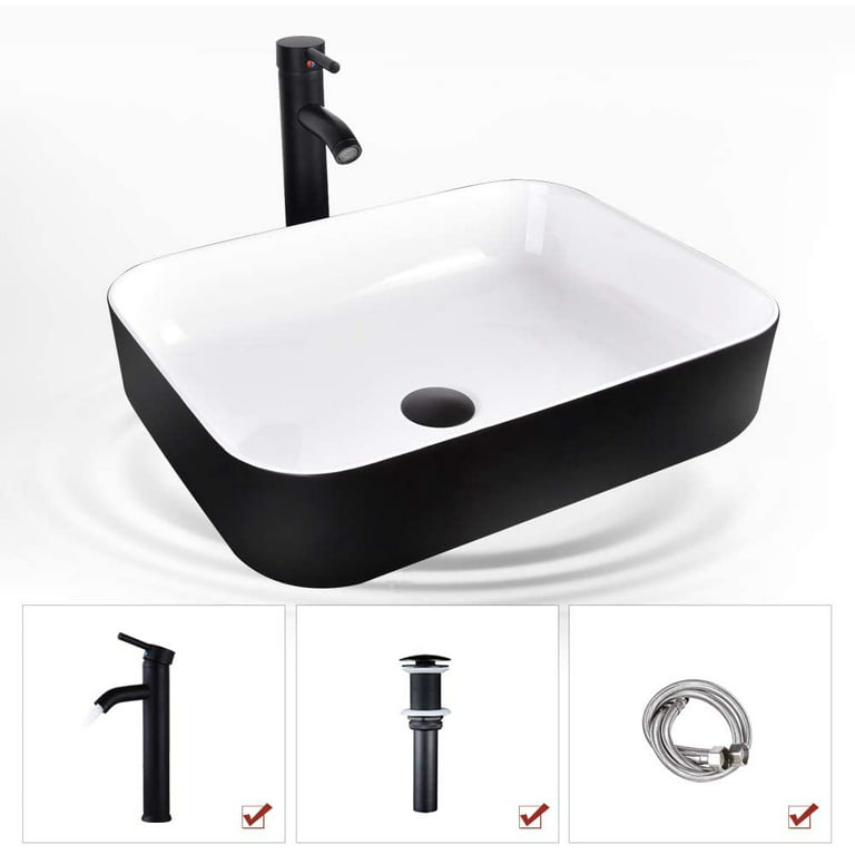 Bathroom Black Ceramic Vessel Sink Round Basin Bowl Combo Mixer Faucet  Drain Set