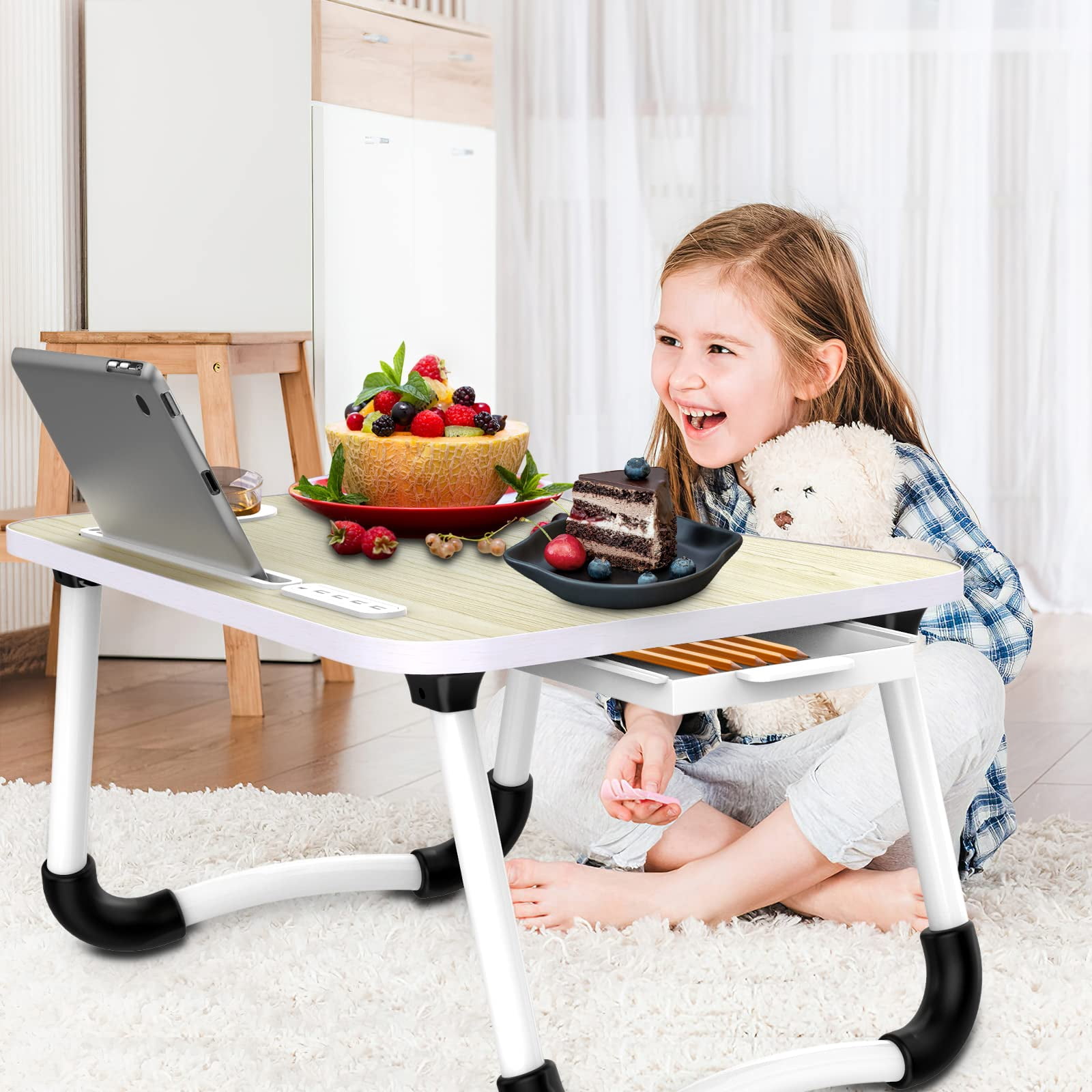 Laptop Lap Desk  Foldable Table Tray With 4 Usb Ports Storage Drawer And Cup Holder Bed Notebook Stand Laptray Portable Standing For Couch Floor