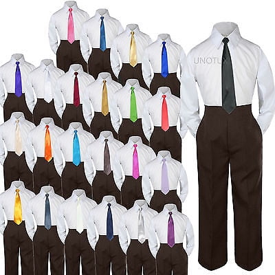 Leadertux 4pc Baby Toddler Kid Boy Wedding Suit Brown Pants Shirt Bow tie Hat Set Sm-4T