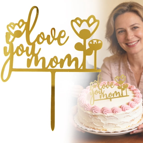 Mother's Day Cake Topper, Acrylic Gold Flower Love You Mom Cake Decor for Mom Birthday Party, 5.51"×4.33" 1 PC