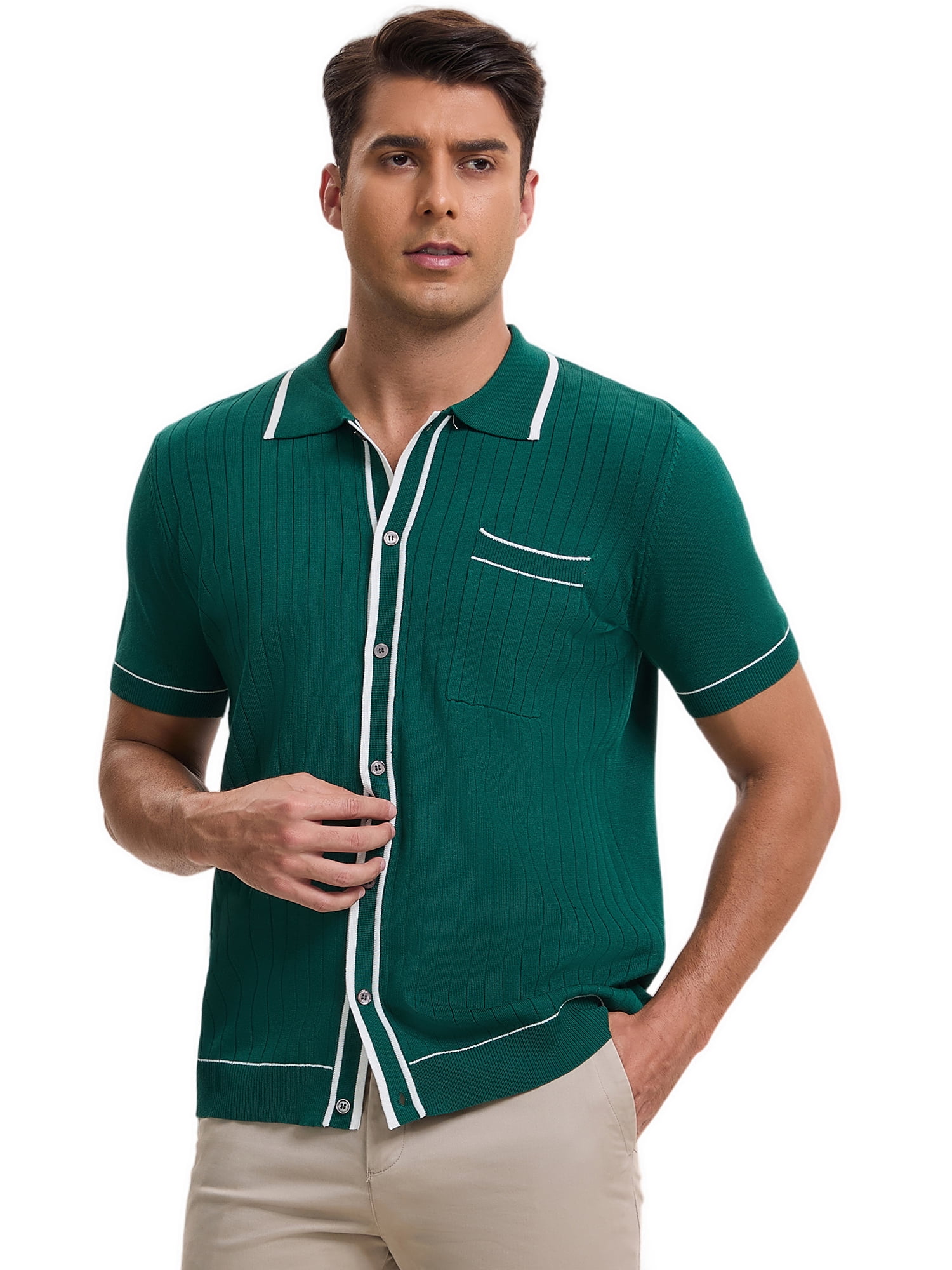 DARING DIVA Men's Knit Button Down Casual Vintage Short Sleeve Polo Shirt XL Green