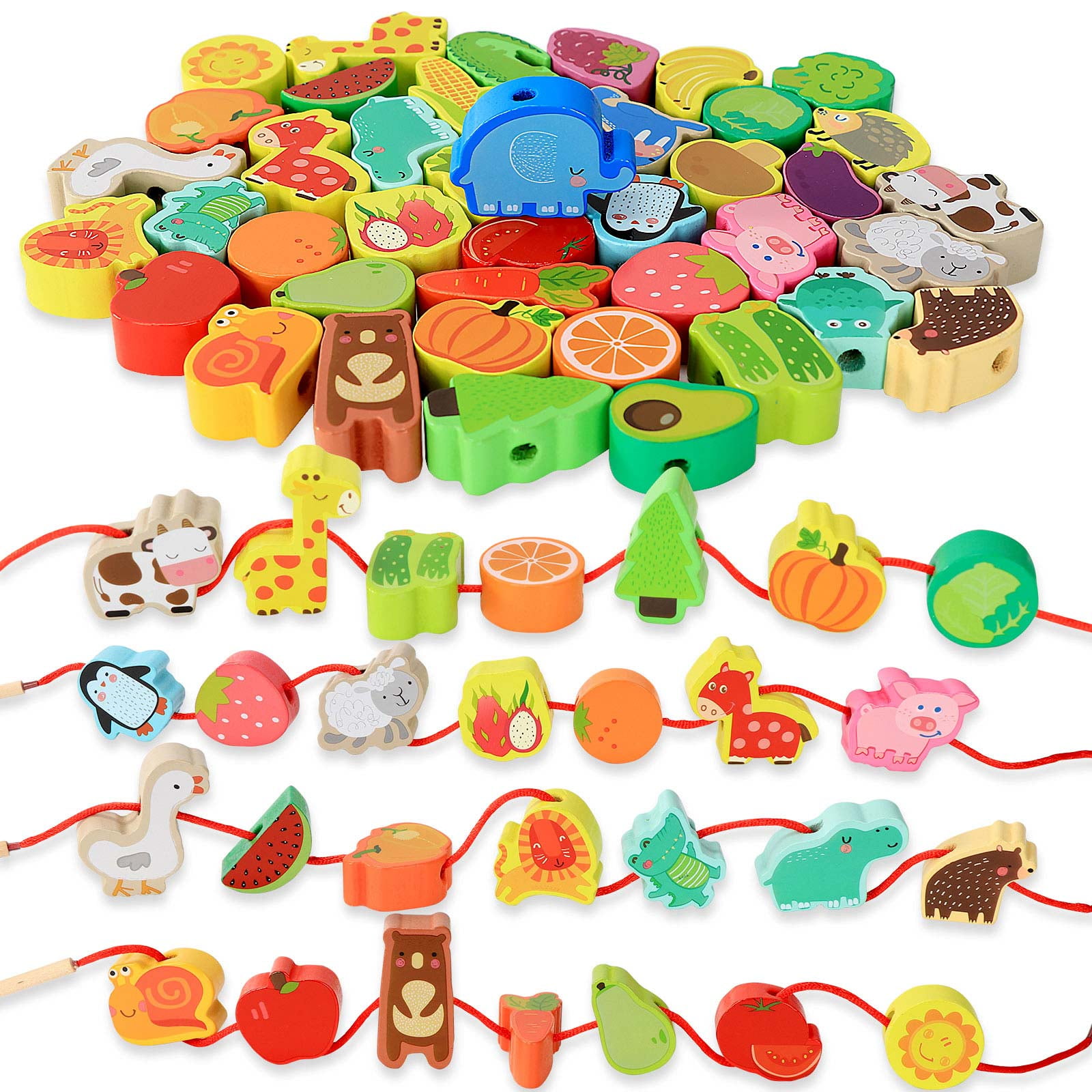 42Pieces Lacing Beads for Toddlers Wooden Thread String Toys Animals Fruits Montessori Beads Preschool Educational Learning Toys for 3+ Years Children Boys Girls