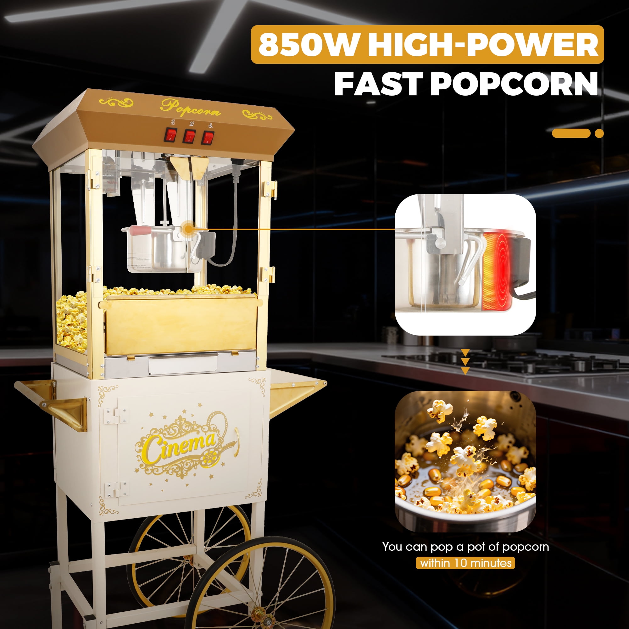 Miniyam 16 oz Commercial Popcorn Machine with Cart, High-Power 850W Popcorn Maker with Stainless Kettle, Clear Viewing Panels, Warming Light & Storage Cabinet, White