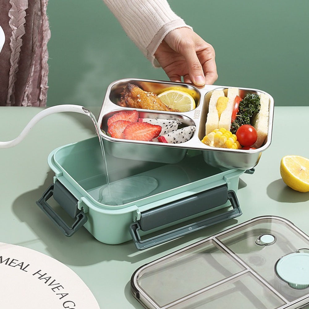Aiteng Lunch Box with Tableware, Stainless Steel Bento Box Adult, Leakproof Portable Lunch Box Containers with 3-Compartments, Pink