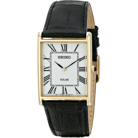 Seiko Mens Solar Stainless Steel Case Black Leather White Dial Gold Watch - SUP880