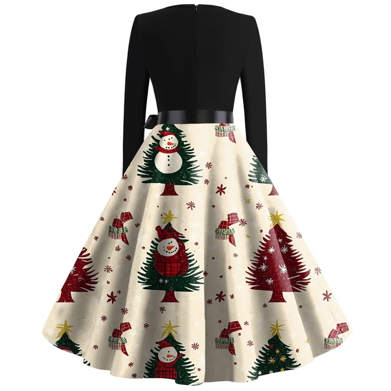 beige christmas dress women Dresses for Women's Fashion Round Casual Slim Fit Christmas Print Large Swing Long Sleeve for Holiday Party,Beige,XL Size:X LARGE