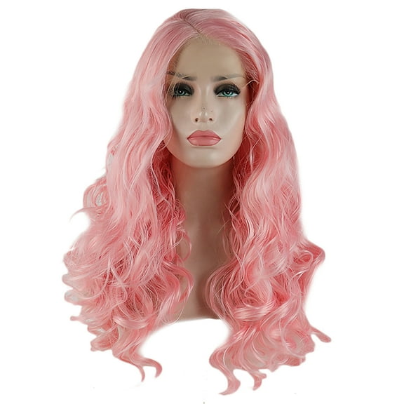 Unique Bargains Lace Front Wigs for Women 24" Bright Pink Long Body Wave with Wig Cap Comb