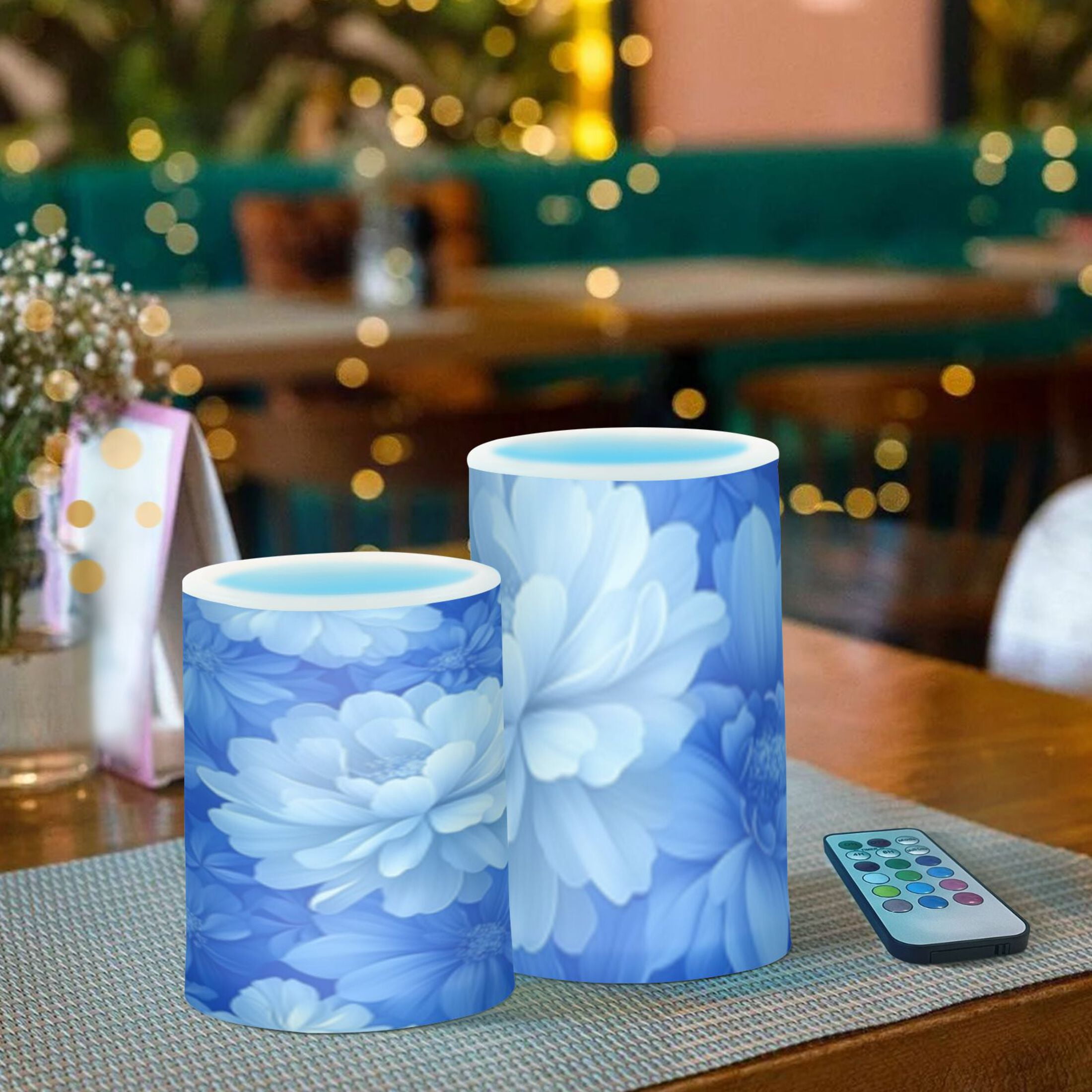 Elegant Blue Flower Flickering Flameless Candles Battery Operated with Remote Timer LED Pillar Candles Set of 2