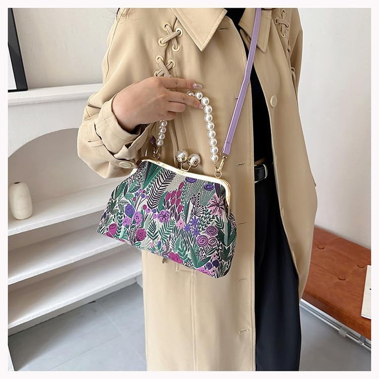 Women Vintage Floral Embroidered Top Handle Handbag Kiss Lock Elegant Clutch Purse Small Pearl Crossbody Bag