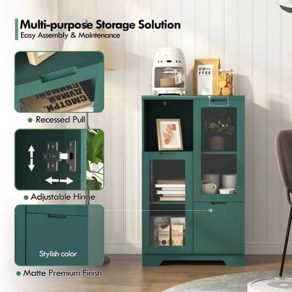 Gearwell Display Storage Cabinet, Green Painted MDF Accent Cupboard with Glass Doors, Drawer and Open Shelves for Bedroom, Living Room, Entryway or Home Office