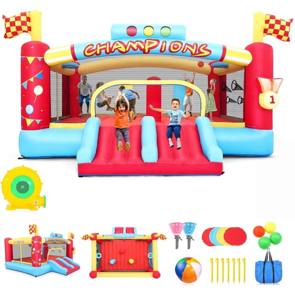 Veeboto Bounce House with 550W Blower, Indoor & Outdoor Jumping House with Double Slide, Jumping Area, Ball Basket, Ball Net, Target, Boxing Ring, Bounce Castle for Big Kids