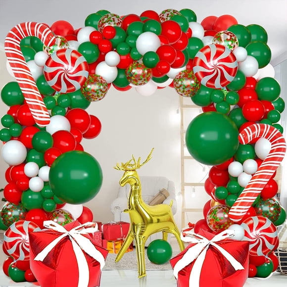 Kit d'Arche de Guirlande de Ballons de Noël, 155 Pcs Ballons de Confettis Rouges Verts Blancs de Noël avec Boîte Cadeau de Canne à Sucre Ballons en Aluminium pour Décorations de Fête de Noël Anniversaire Fête de Noël