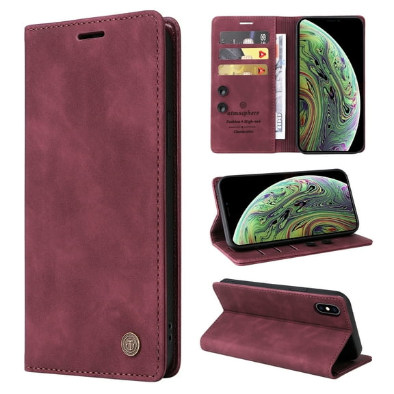 Nalacover Wallet Case for iPhone XS Max - Flip Purse Case with Card Holder Kickstand Suction Cup, Premium Business PU Leather Shockproof Phone Cover for iPhone XS Max - Red