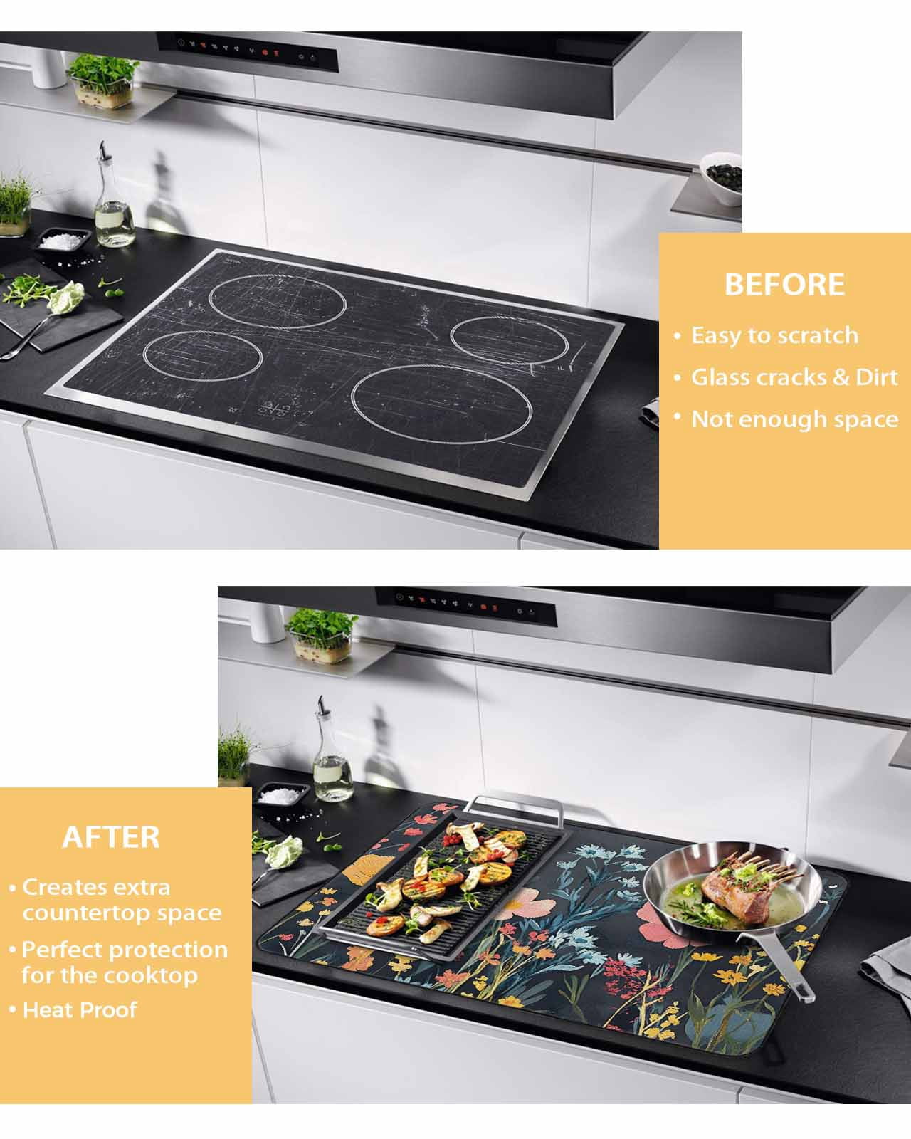 nqOlkjepod Large Induction Cooktop Protector Mat 24"x21", Wildflowers Stove Top Covers for Electric Stove, Spring Botanical Pastoral Summer Flowers Stove Burner Cover Mats, Glass Top Stove Cover