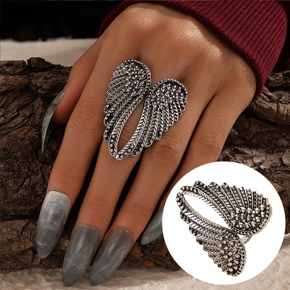 SPRING PARK Vintage Women Silver Color Angel Wings Metal Rings Punk Geometric Alloy
