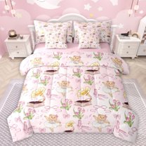 jejeloiu Kawaii Ballet Bear 7pcs Bedding Comforter Set,Cute Bowtie Ribbon Queen Bedding Sets,Pink Tulip Flower Queen Sheet Sets For Girls,Breathable Home Decor Reversible