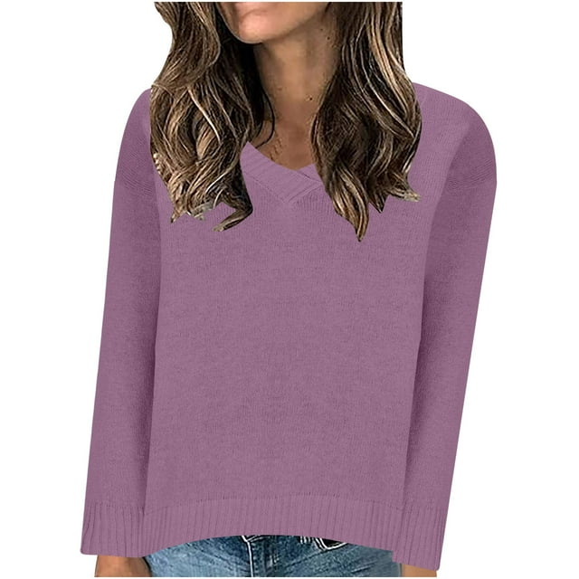 Timegard Tops for Women V Neck Long Sleeve Sweaters Pullover Solid Color Fall Casual Loose Comfy Tops
