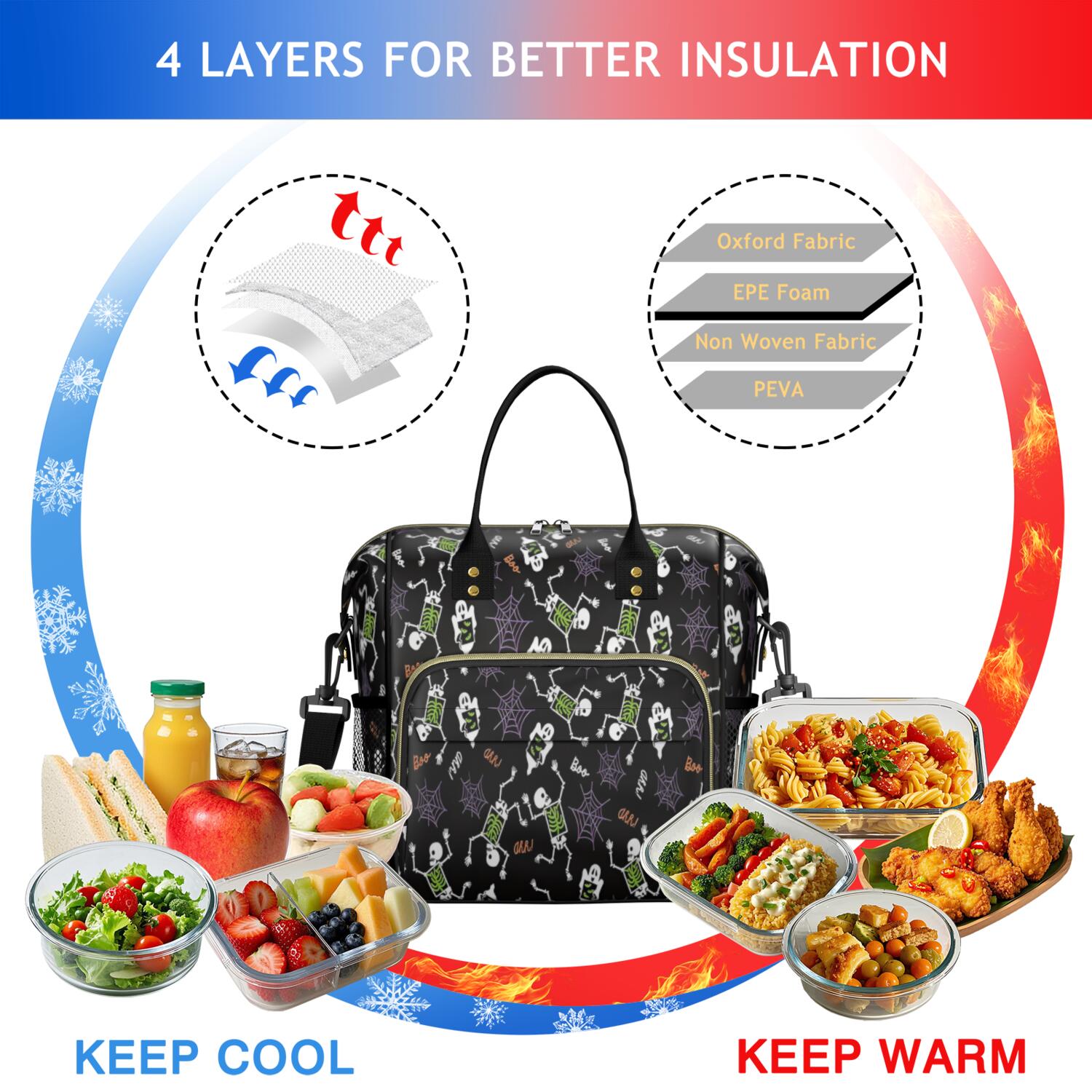 Halloween Skeleton Ghost Pattern Womens Lunch Box for Work,Insulated Large Lunch Bag for Tween and Teen,Loncheras Para Mujer,Leakproof Adult Lunch Bag for Work,Beach,Travel,Picnic,Camping