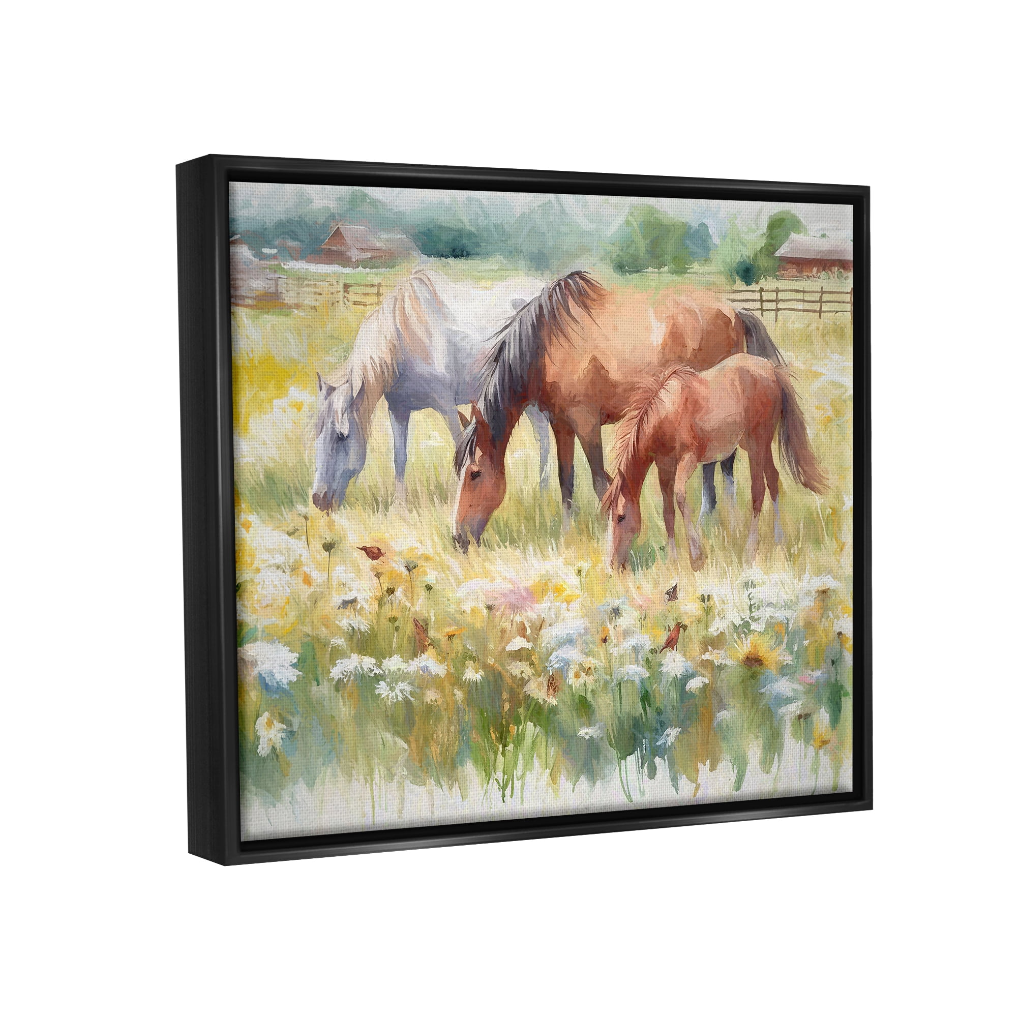 Stupell Industries Grazing Horses in Meadow Animals & Insects Painting Black Floater Framed Canvas Art Print Wall Art, 31 x 25