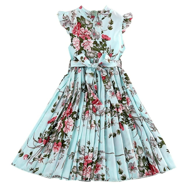 toraway Robes Mignonnes pour Filles Taille 6X Robe Décontractée pour Fille Été Col Rond à Imprimé Floral Sans Manches Fluide Imprimé Uni Robe d'Été Plissée 9-10 Ans
