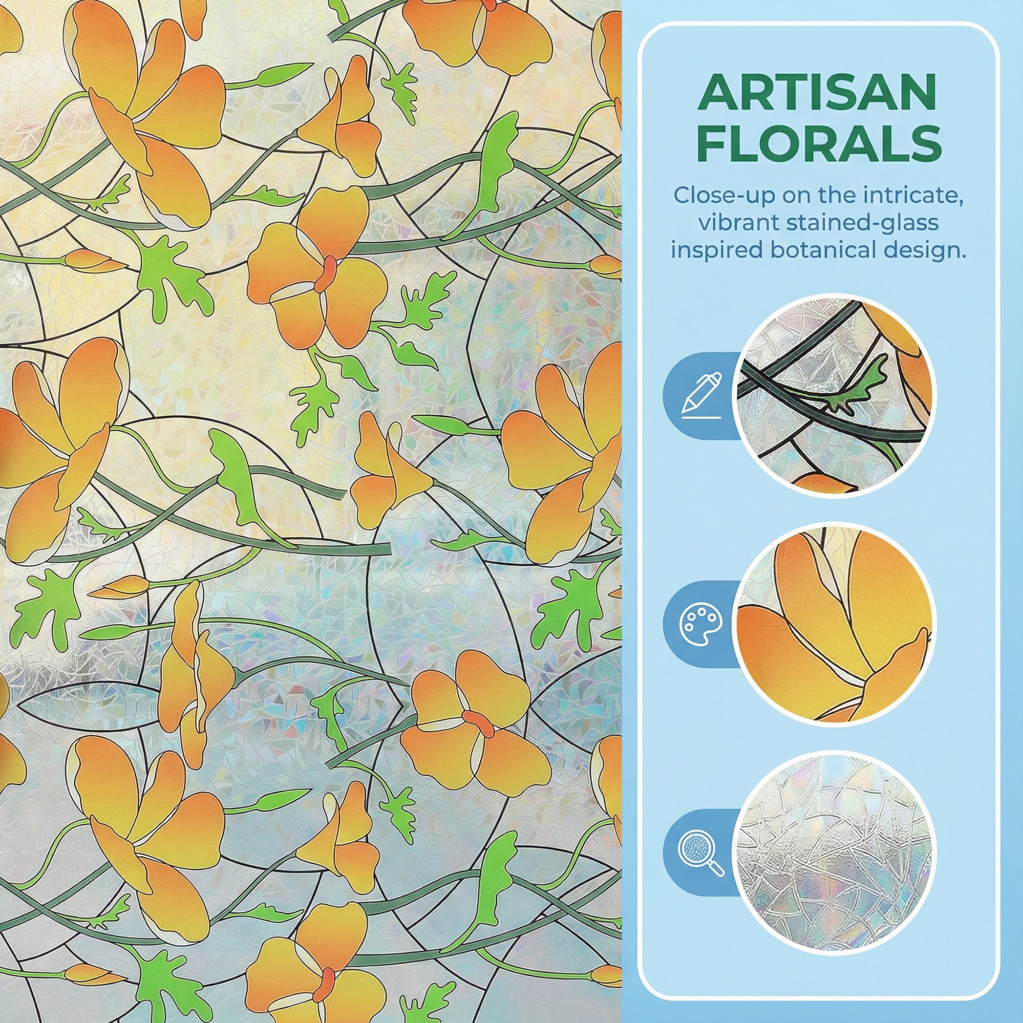 Unique Bargains Static Cling Floral 3D Prism Window Privacy Film Yellow 39.4" x 23.6"