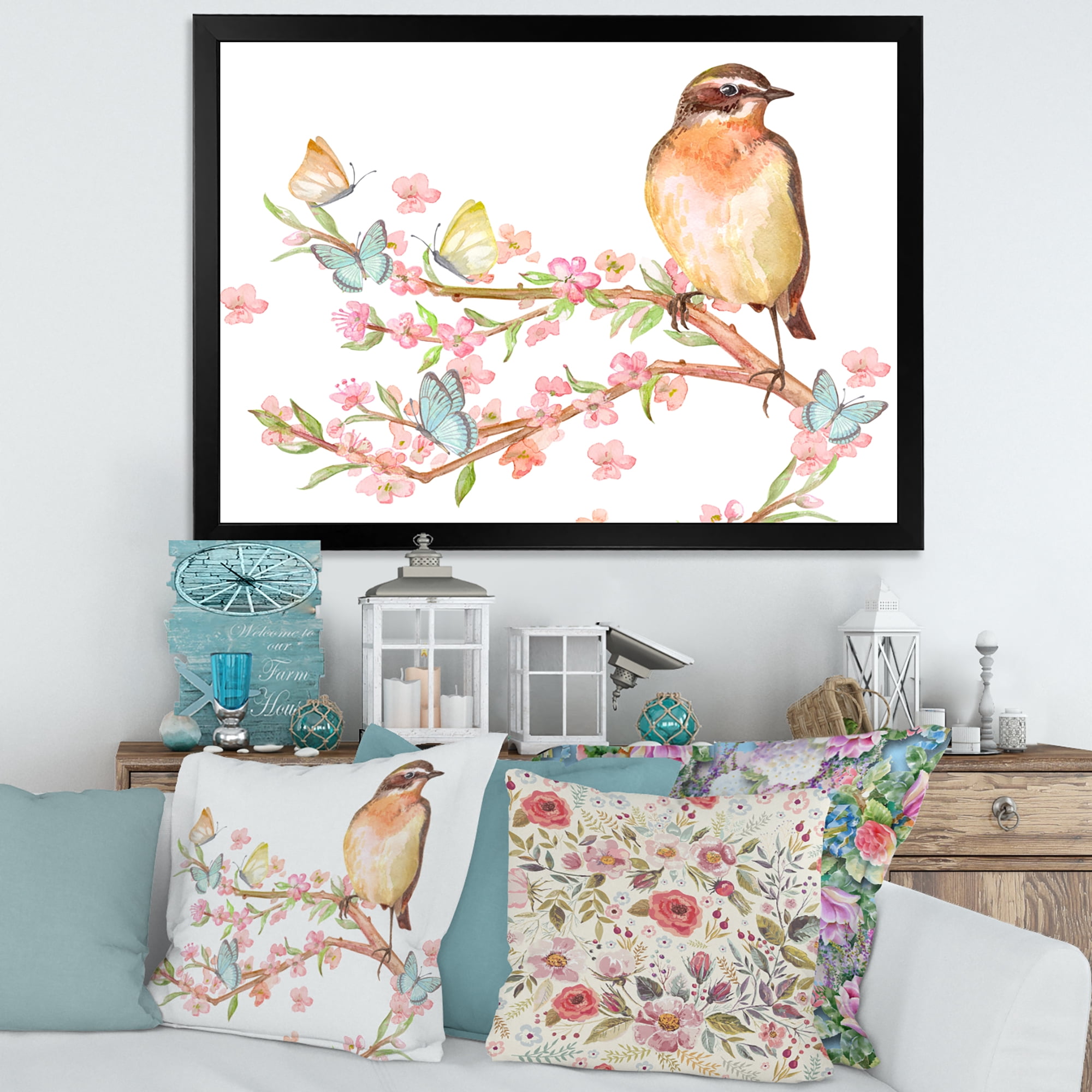 Designart 'Lovely Bird Sitting On Branch of Sakura With Butterflies' Traditional Framed Art Print