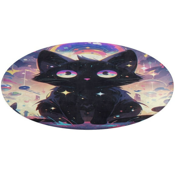 Cute Planet Cat Round Small Area Rug, Print Non Slip Washable Floor Mat, Soft Throw Rug for Living Room, Powder Room Entryway, Bathroom, Bedside