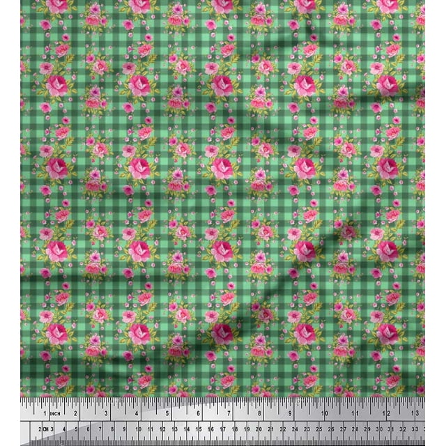 Soimoi polyester Crepe Fabric Check,Leaves & Peony Floral Print Fabric by Yard 52 Inch Wide
