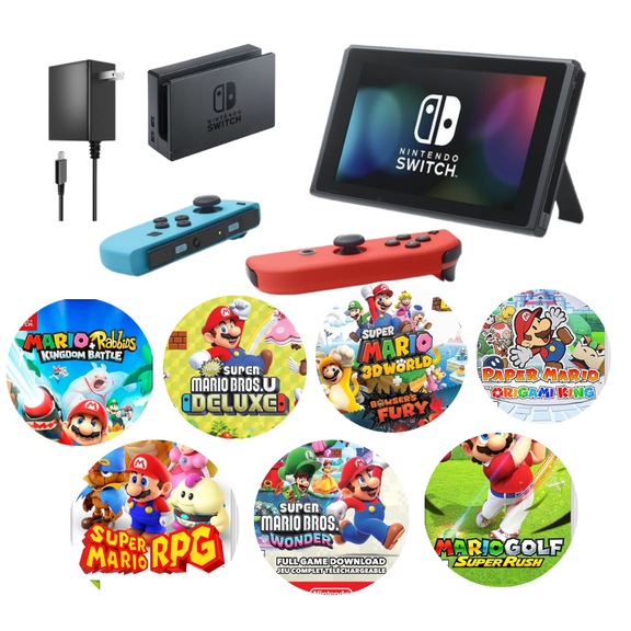 Nintendo Switch Console with Neon Red & Neon Blue Joy-Con, One Mario Game, Dock & Charger (Refurbished)