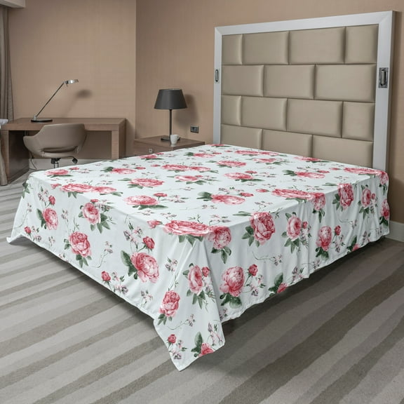 Ambesonne Romantic Flat Sheet, Spring Flowers Roses, King Size, Almond Green Pale Pink