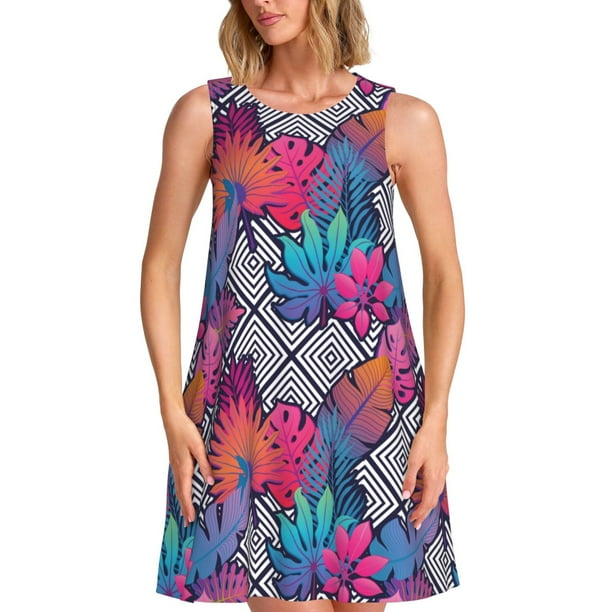 Balery Tropical Leaves Vestidos de verano para mujer con estampado: vestido holgado sin mangas, vestido playero informal y cómodo para días calurosos.