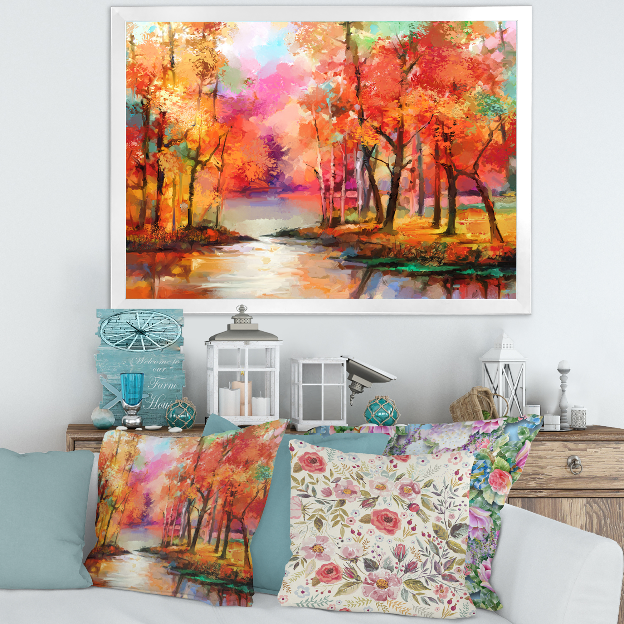 Designart 'The Lake In Autumn By Colorful Autumn Trees' Modern Framed Art Print