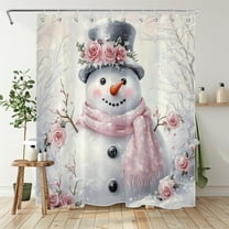 NEONWE Cute Snowman Shower Curtain Winter Forest Pink Flower Nature Landscape Rustic Xmas Holiday Bathroom Shower Curtain Decor Polyester Waterproof Fabric with 10 Pack Plastic Hook 72" X 60"