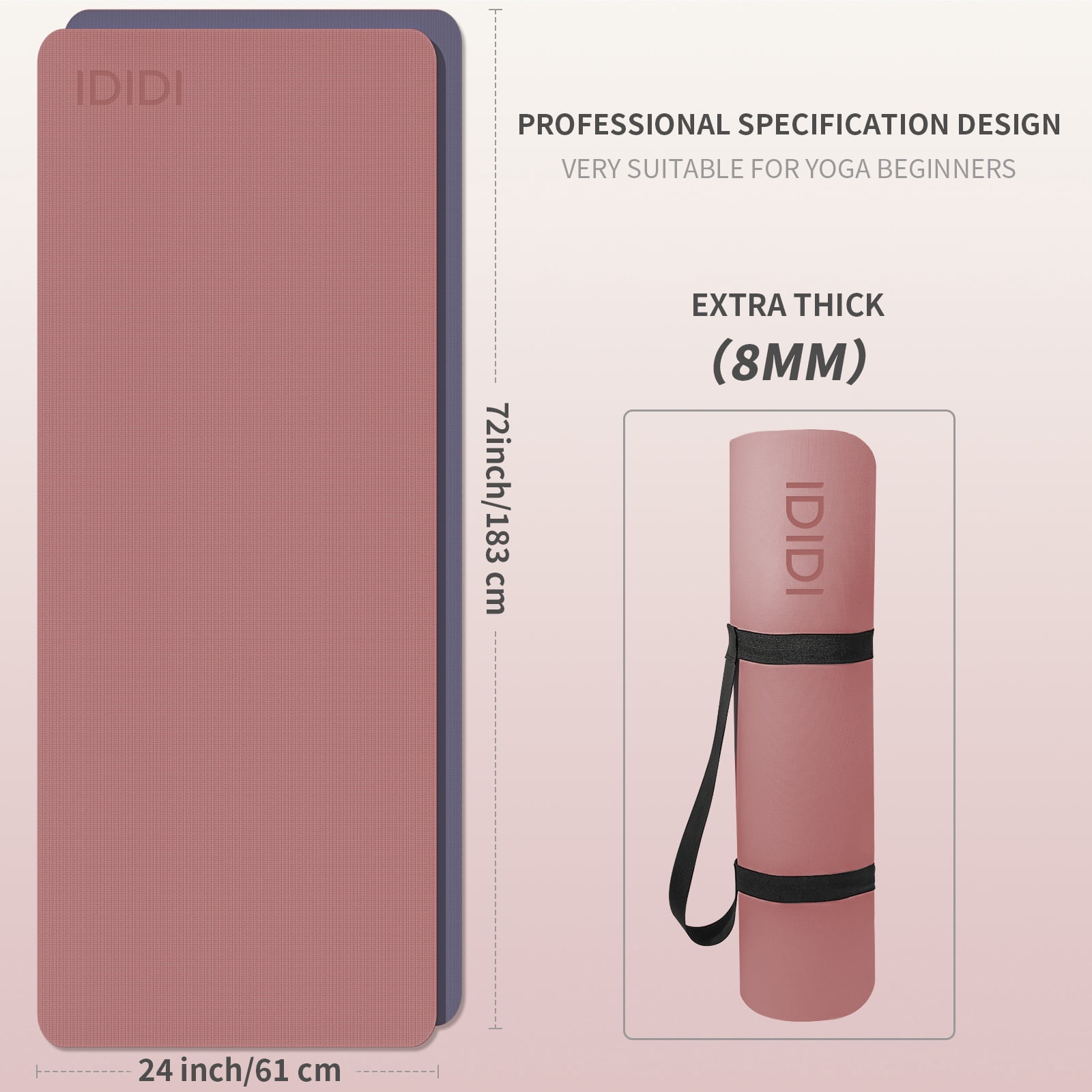 IDIDI Portable Yoga Mat – Travel-Friendly with Strap, 1/3 Inch Thick & Non-Slip – for Home Gym, Workout & Hot Yoga – Exercise Mat for Men, Women & Kids(Deep Pink+Gray)